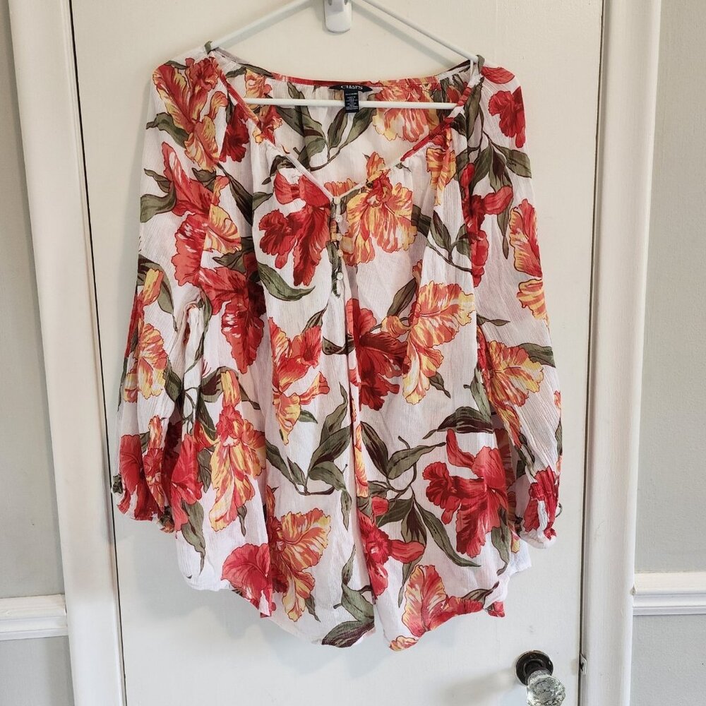 Chaps Denim Women's 2X Tunic Shirt White Floral 3/4 Sleeve Cotton Blend